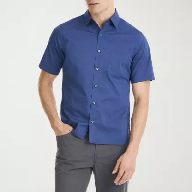 Van Heusen Stain Shield Mens Short Sleeve Slim Fit Stretch Fabric Button-Down Shirt