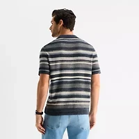 mutual weave Textured Stripe Mens Short Sleeve Button Polo Sweater