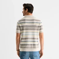 mutual weave Textured Stripe Mens Short Sleeve Button Polo Sweater