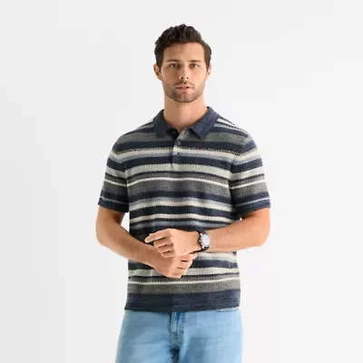 mutual weave Textured Stripe Mens Short Sleeve Button Polo Sweater