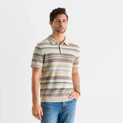 mutual weave Textured Stripe Mens Short Sleeve Button Polo Sweater
