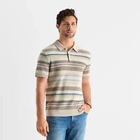 mutual weave Textured Stripe Mens Short Sleeve Button Polo Sweater