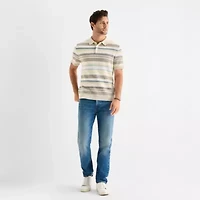 mutual weave Textured Stripe Mens Short Sleeve Button Polo Sweater