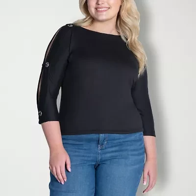 24seven Comfort Apparel Womens Plus Boat Neck 3/4 Sleeve Blouse