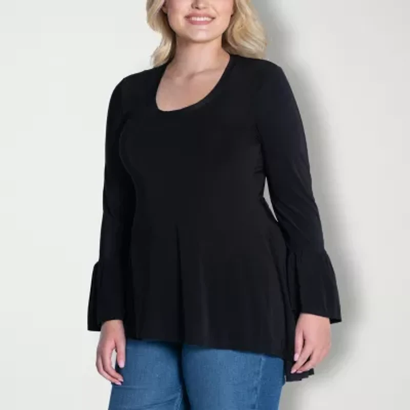 24seven Comfort Apparel Womens Plus Scoop Neck Long Sleeve Blouse