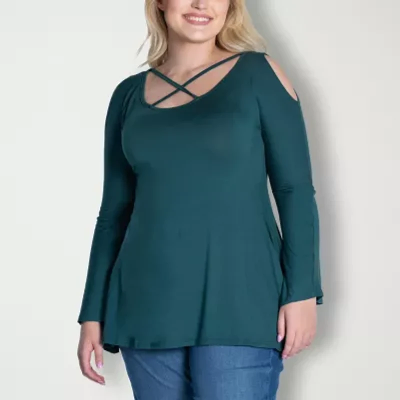 24seven Comfort Apparel Womens Plus Scoop Neck Long Sleeve Blouse