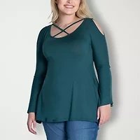 24seven Comfort Apparel Womens Plus Scoop Neck Long Sleeve Blouse