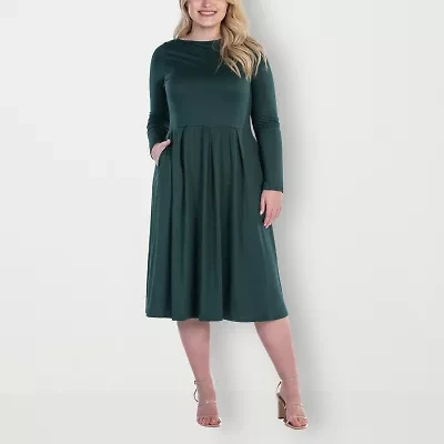24seven Comfort Apparel Womens Plus Long Sleeve Midi Fit + Flare Dress