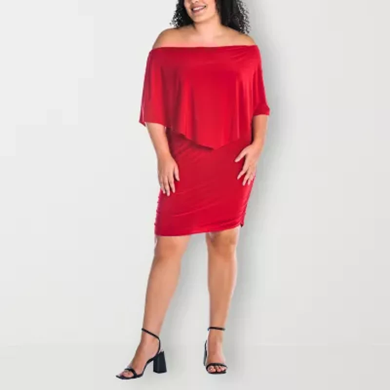 24seven Comfort Apparel Womens Plus Asymmetrical Neck Short Sleeve Shift Dress