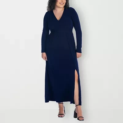 24seven Comfort Apparel Womens Plus V Neck Long Sleeve Maxi Dress