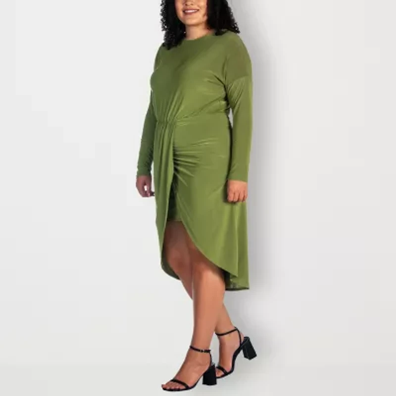 24seven Comfort Apparel Womens Long Sleeve Plus Fit + Flare Dress