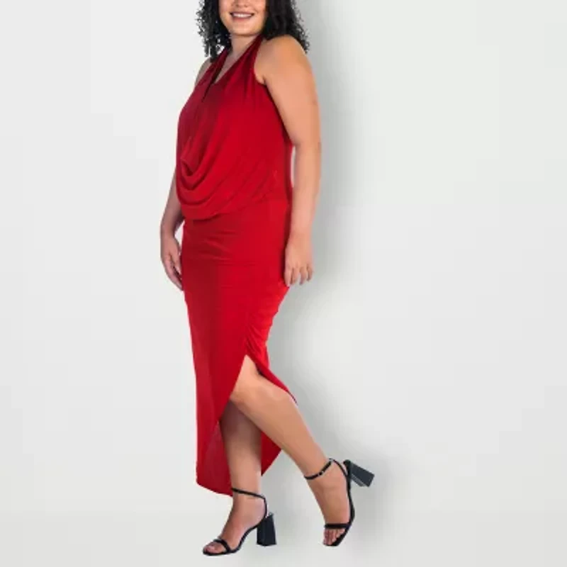 24seven Comfort Apparel Womens Plus Midi Cowl Neck Sleeveless Casual Bodycon Dress