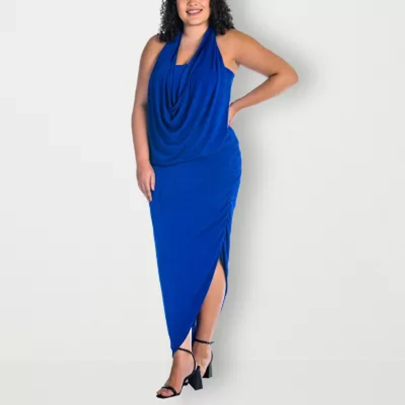 24seven Comfort Apparel Womens Plus Midi Cowl Neck Sleeveless Casual Bodycon Dress