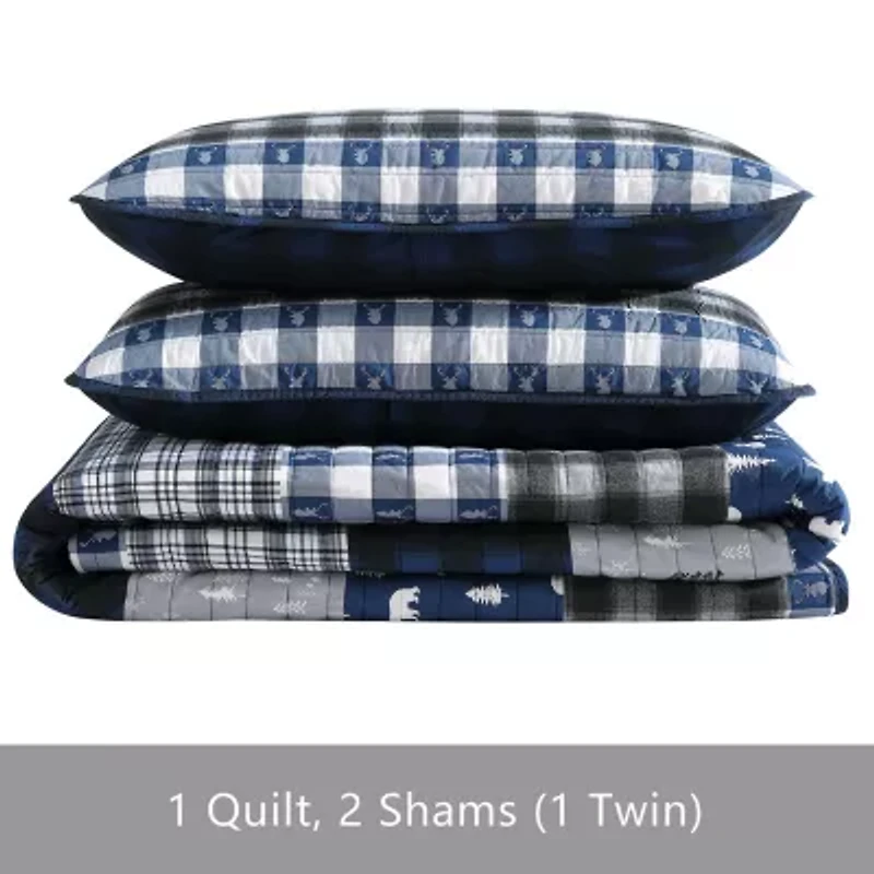 Eddie Bauer Blue Creek Plaid Floral Reversible Quilt Set