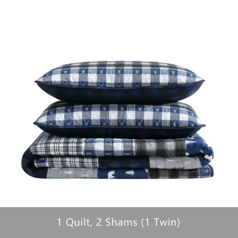 Eddie Bauer Blue Creek Plaid Floral Reversible Quilt Set