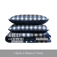 Eddie Bauer Blue Creek Plaid Floral Reversible Quilt Set