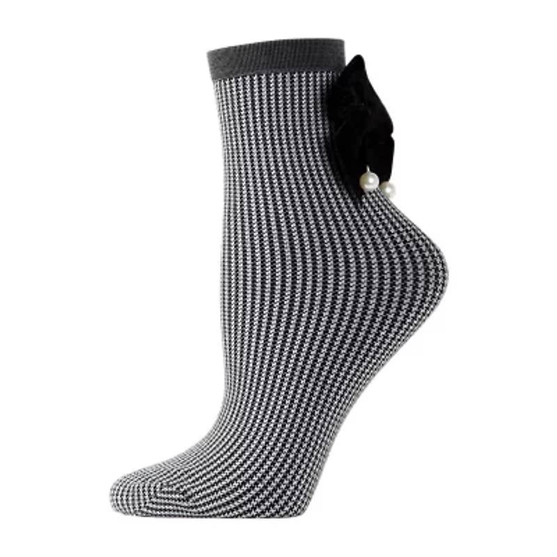 MeMoi Pearl Bow Houndstooth Womens 1 Pair Quarter Ankle Socks