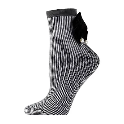 MeMoi Pearl Bow Houndstooth Womens 1 Pair Quarter Ankle Socks