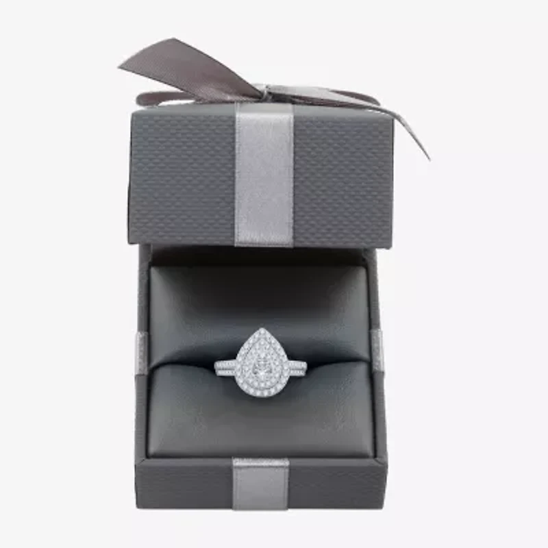 I Said Yes (H-I / I1) Womens 1 1/10 CT. T.W. Lab Grown White Diamond Sterling Silver or 14K Gold Over Pear Side Stone Halo Bridal Set