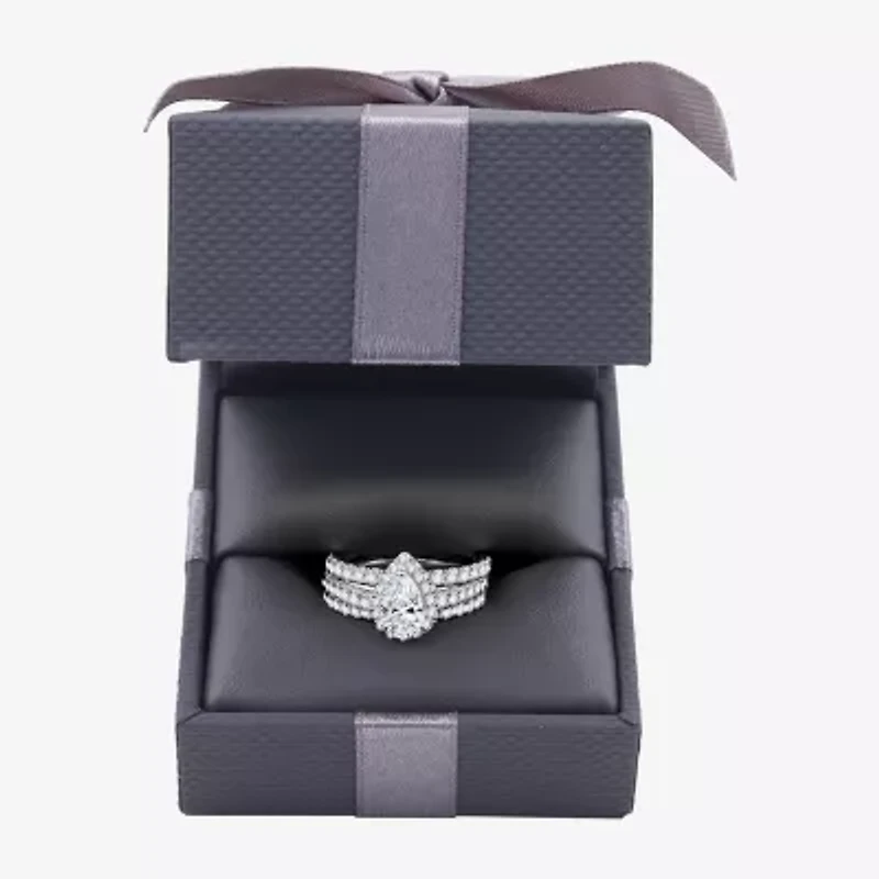 H-I / I1) Womens CT. T.W. Lab Grown White Diamond 10K Gold Pear Side Stone Halo Bridal Set