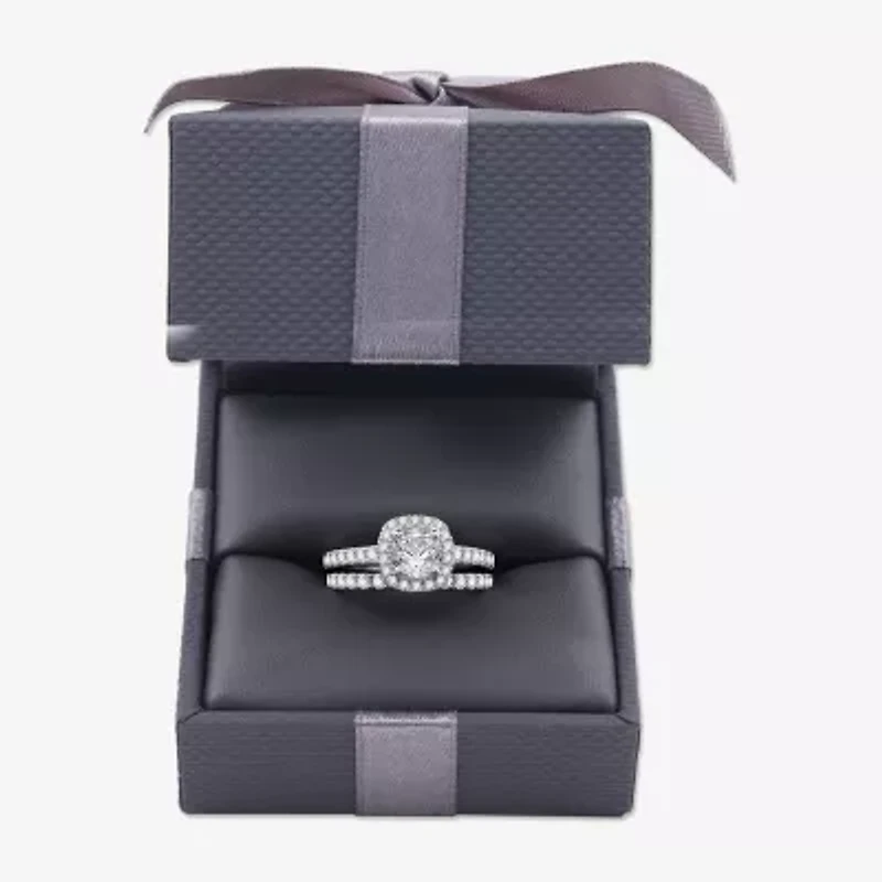 (H-I / Si2-I1) Womens 1 3/4 CT. T.W. Lab Grown White Diamond 10K Gold Cushion Side Stone Halo Bridal Set
