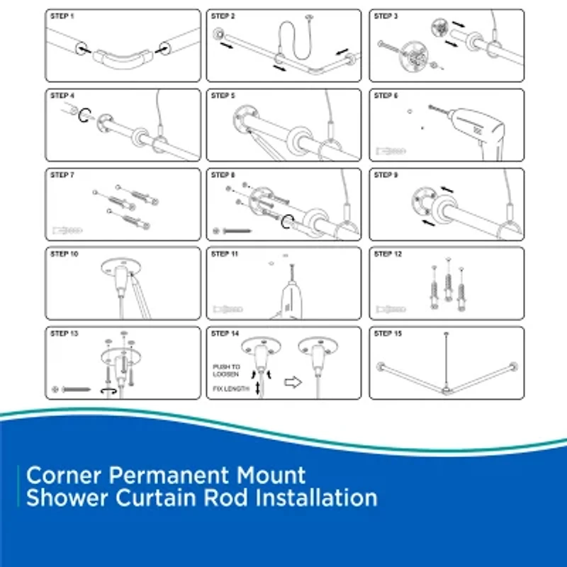 Kenney Twist & Fit No Tools Corner 36x36 IN Fixed Shower Curtain Rod