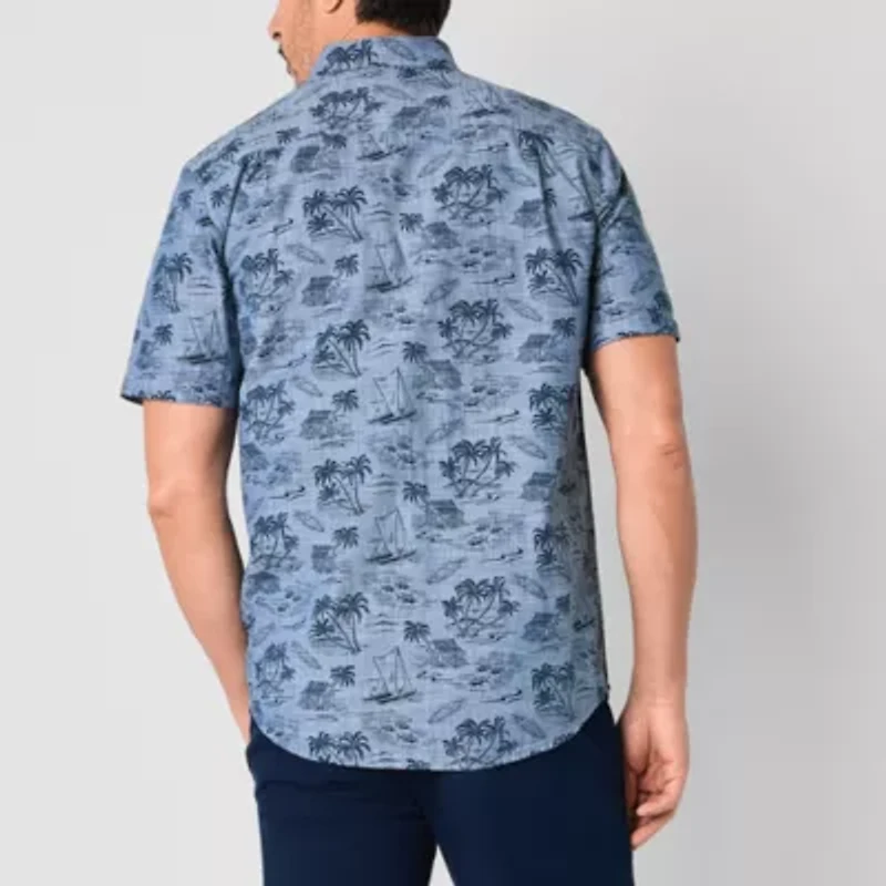 St. John's Bay Printed Chambray Mens Short Sleeve Classic Fit Button-Down Shirt