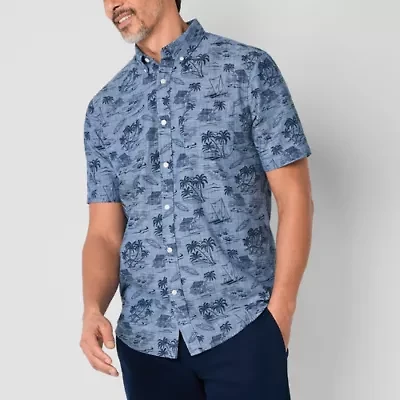 St. John's Bay Printed Chambray Mens Short Sleeve Classic Fit Button-Down Shirt
