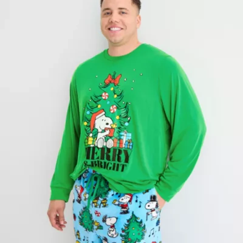 Mens Peanuts Snoopy Microfleece Crew Neck Long Sleeve 2-pc. Matching Family Big Pajama Sets