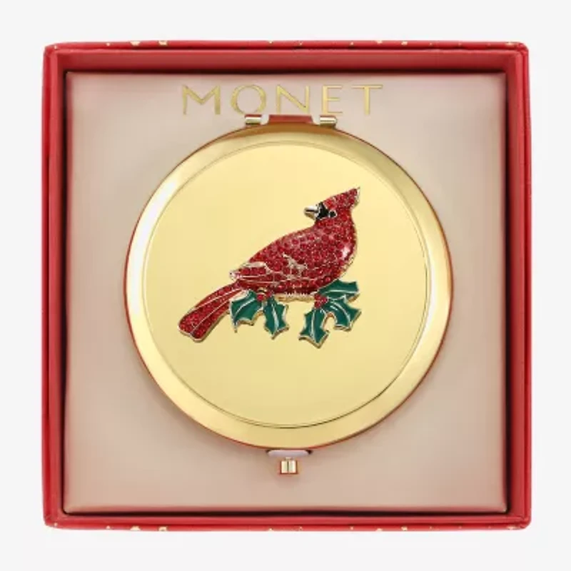 Monet Jewelry Gold Tone Red Cardinal Gold Tone Compact Mirror