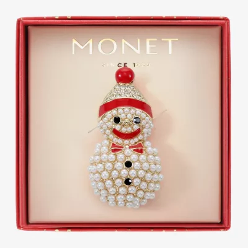 Monet Jewelry Gold Tone Snowman White Glass Pin