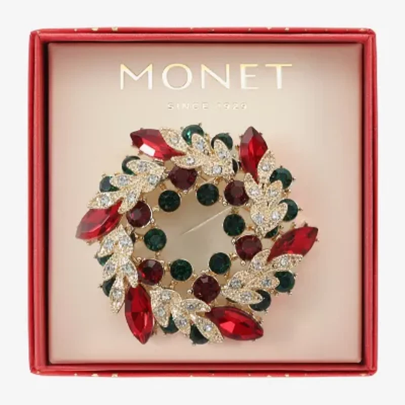 Monet Jewelry Gold Tone Wreath Multi Color Glass Pin