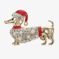 Monet Jewelry Gold Tone Dachshund Dog Santa Hat Glass Pin
