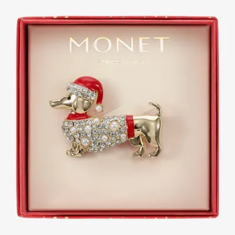 Monet Jewelry Gold Tone Dachshund Dog Santa Hat Glass Pin