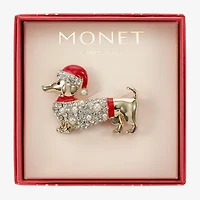 Monet Jewelry Gold Tone Dachshund Dog Santa Hat Glass Pin
