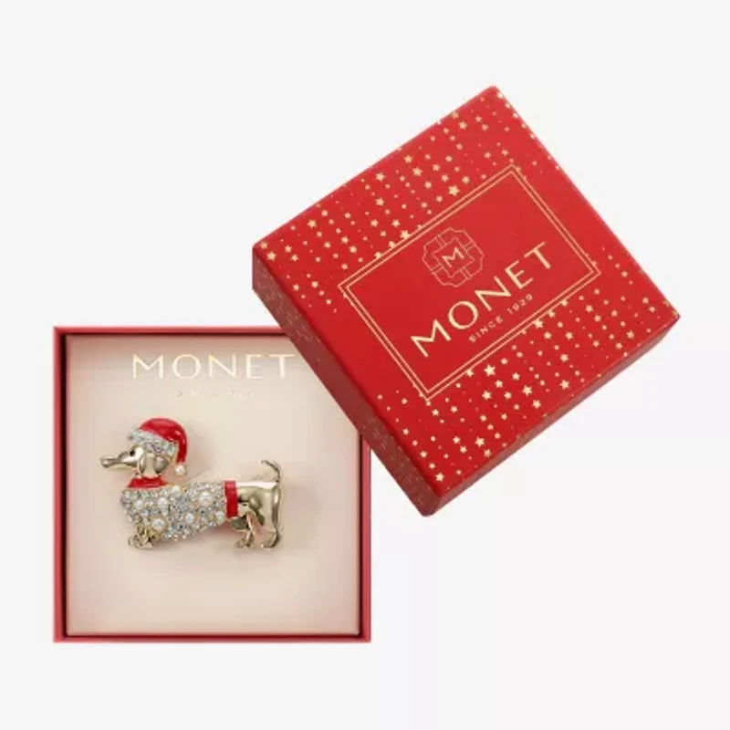 Monet Jewelry Gold Tone Dachshund Dog Santa Hat Glass Pin