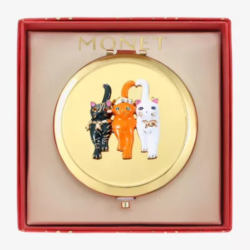 Monet Jewelry Gold Tone Cat Trio Gold Tone Animal Compact Mirror