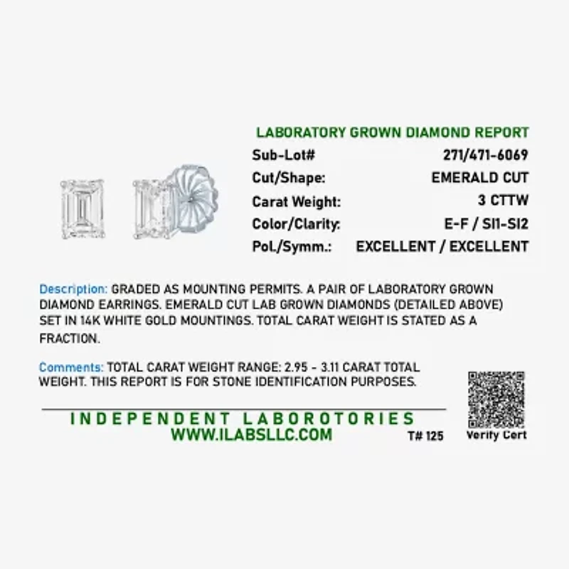 ( /E-F/Si1-Si2 ) 3 CT. T.W. Lab-GrownDiamond 14K Gold 8.1mm Emerald Stud Earrings