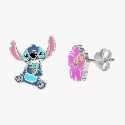Disney Collection Sterling Silver 12.8mm Flower Lilo & Stitch Stud Earrings