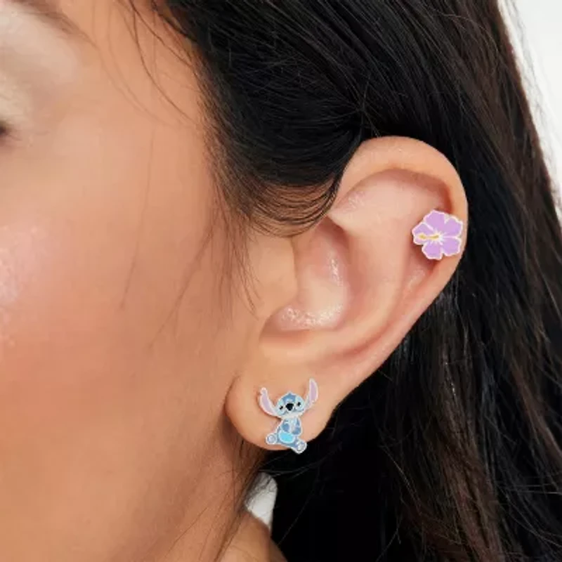 Disney Collection Sterling Silver 12.8mm Flower Lilo & Stitch Stud Earrings