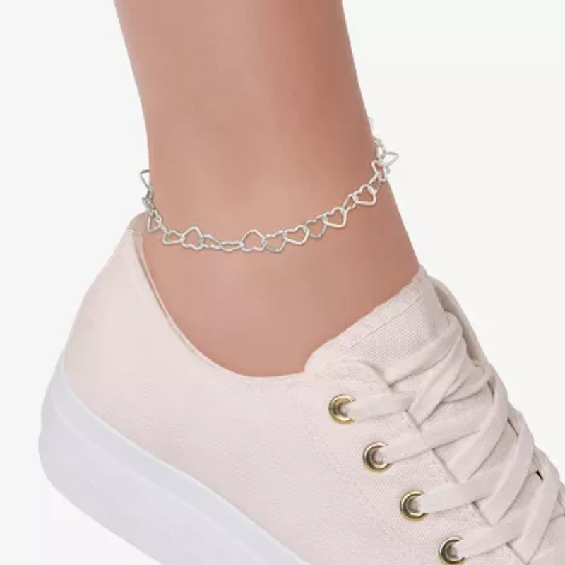 Made in Italy Womens Sterling Silver 9 Inch Solid Link Heart Ankle Bracelet