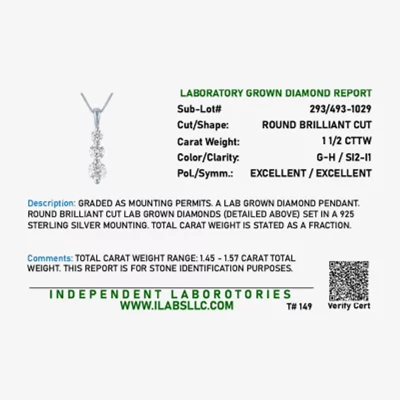 (G-H/Si2-I1) Womens 1 1/2 CT. T.W. Lab Grown White Diamond Sterling Silver 18 Inch Pendant Necklace