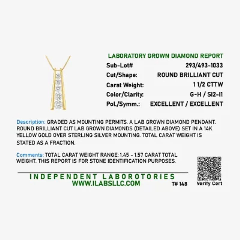 G-H, Si2-I1 Womens 1 1/2 CT. T.W. Lab Grown White Diamond 14K Gold Over Silver Round 18 Inch Pendant Necklace