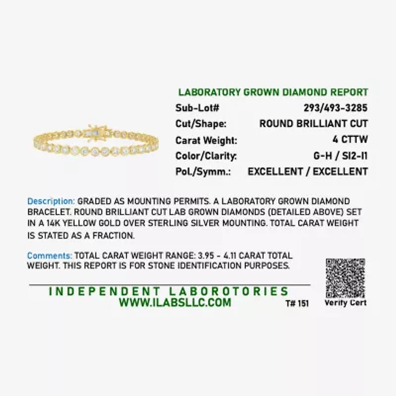 Diamond Addiction (G-H, Si2-I1) Womens 4 CT. T.W. Lab Grown White Diamond 14K Gold Over Silver 7.25 Inch Tennis Bracelet