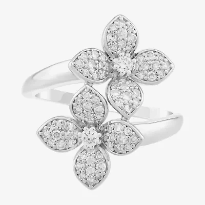 (H-I, Si1) Womens 1/2 CT. T.W. Lab Grown White Diamond Sterling Silver Flower Bypass  Cocktail Ring