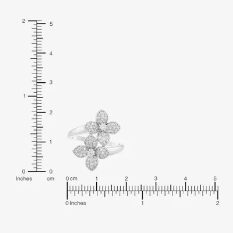 (H-I, Si1) Womens 1/2 CT. T.W. Lab Grown White Diamond Sterling Silver Flower Bypass  Cocktail Ring