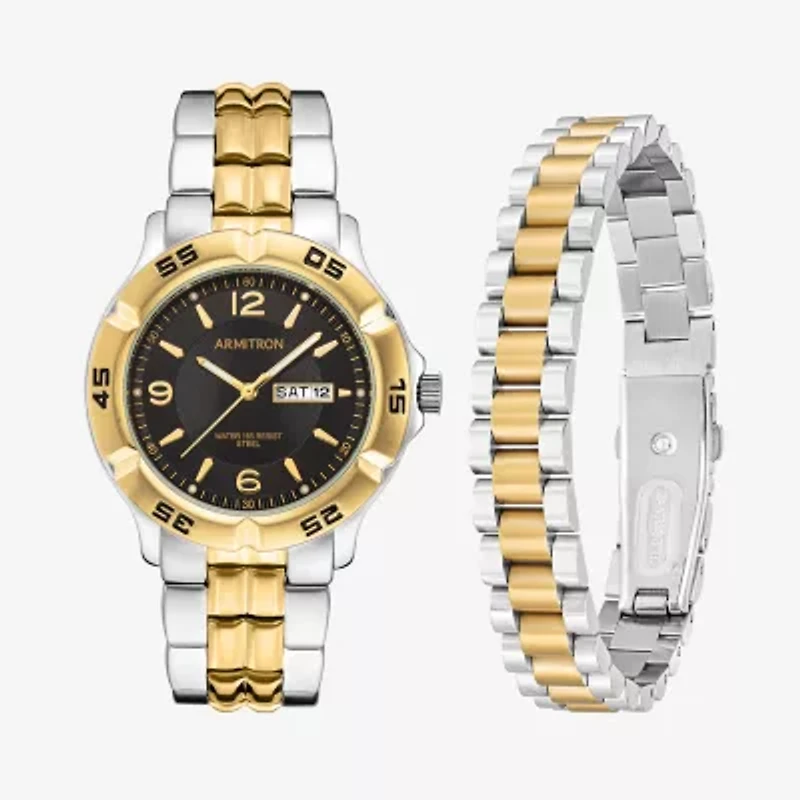 Armitron Mens Silver Tone Stainless Steel 2-pc. Watch Boxed Set 20 5538bkttst