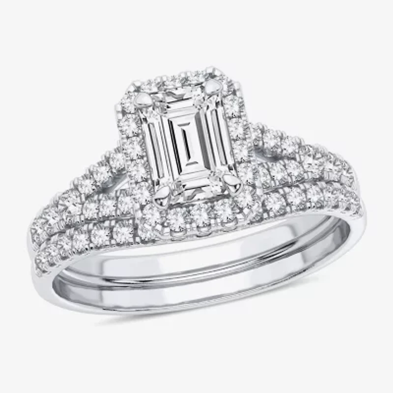 Signature By Modern Bride (H-I / Si1-Si2) Womens 1 3/8 CT. T.W. Lab Grown White Diamond 10K Gold Side Stone Halo Bridal Set