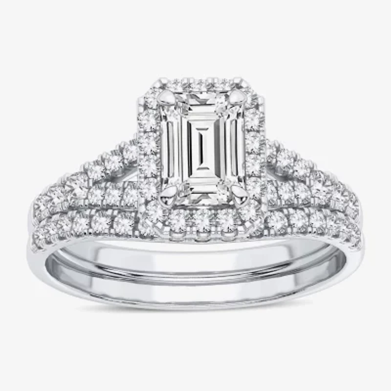 Signature By Modern Bride (H-I / Si1-Si2) Womens 1 3/8 CT. T.W. Lab Grown White Diamond 10K Gold Side Stone Halo Bridal Set