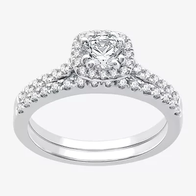 I Said Yes (H-I / I1) Womens 1 CT. T.W. Lab Grown White Diamond Sterling Silver Cushion Side Stone Halo Bridal Set